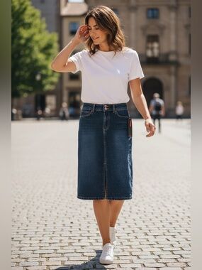 Plastic Denim Knee-Length Skirt | NWT